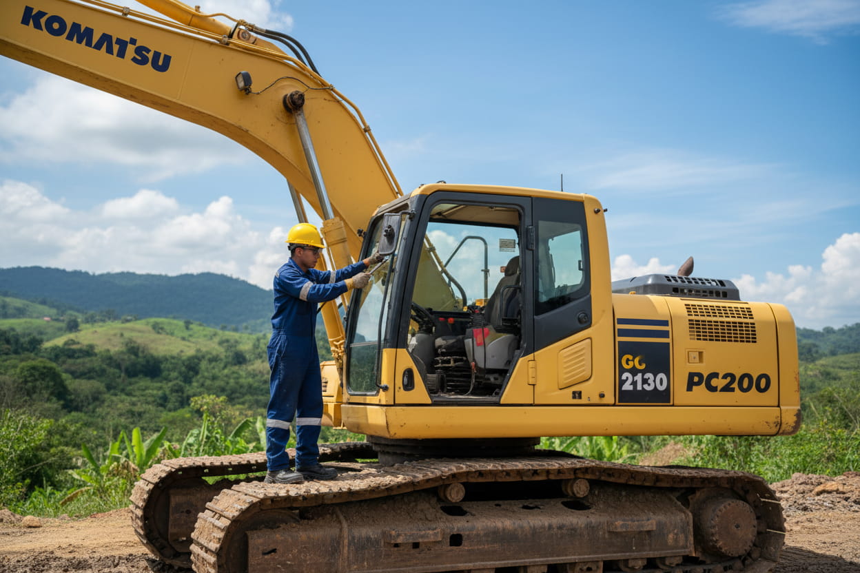 Técnico revisando tren de rodaje de excavadora para mantenimiento preventivo en obra civil Colombia