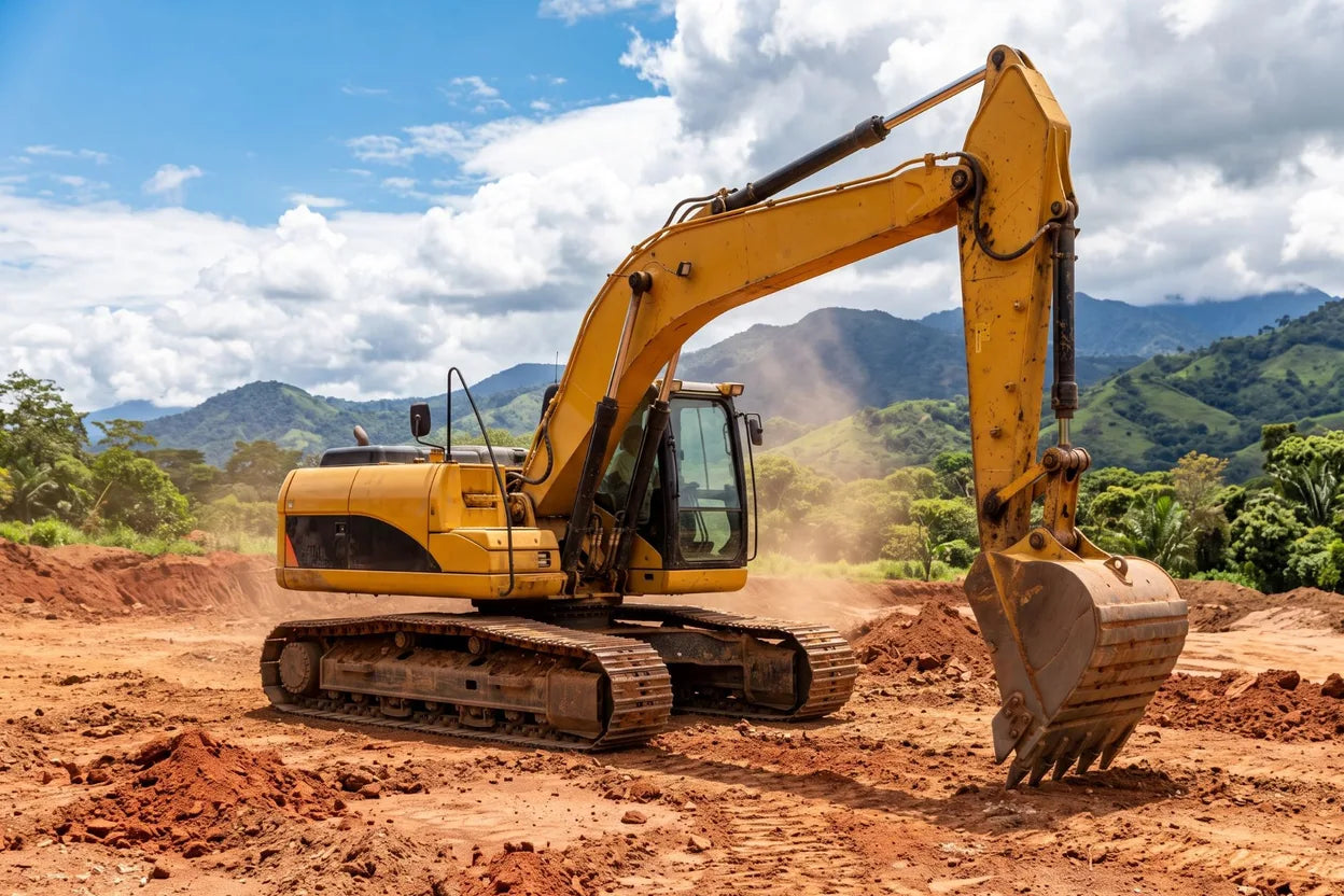 Excavadora amarilla en una obra en Colombia: tren de rodaje, cabina, brazo y balde, las partes principales de la máquina