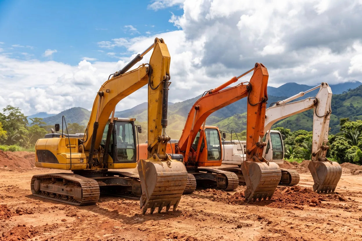Excavadoras de distintas marcas en una obra en Colombia: repuestos por marca y modelo